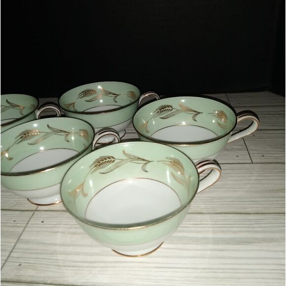 Noritake China 5267 Alice Tea Cups Set Of 6 Wide Green Border Gold Wheat Print - Picture 8 of 9